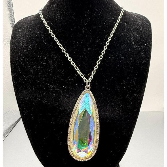 Large Iridescent Teardrop Pendant Necklace with Rhinestone Border - Picture 1 of 6